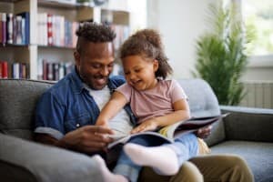 Father reading book with daughter on his lap.